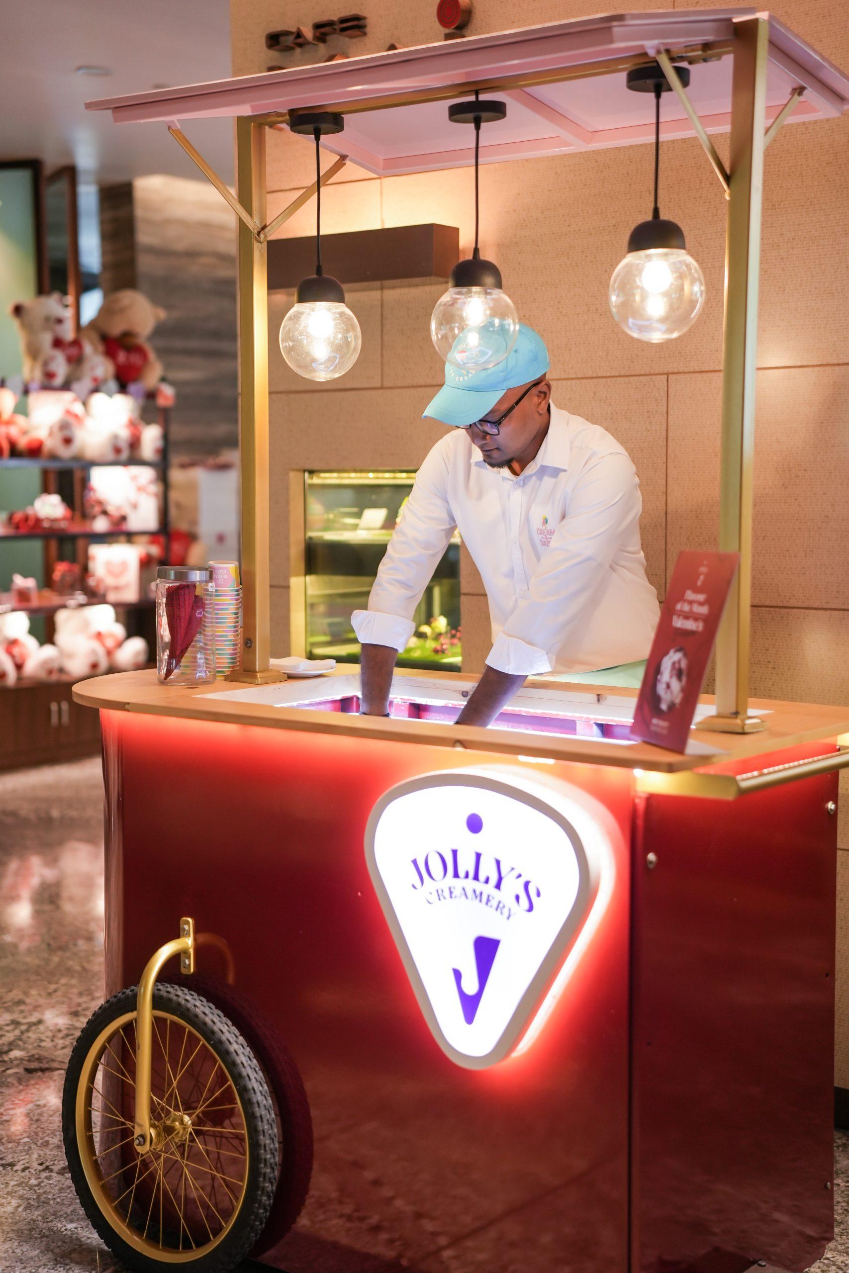 Ferrari Red Jolly's cart placed in a hotel lobby