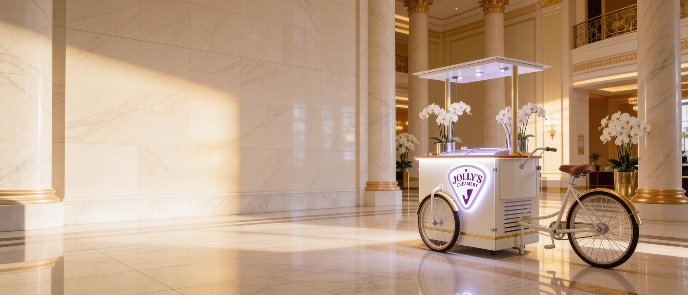 A Jolly's cart waiting in a sunlit hotel lobby