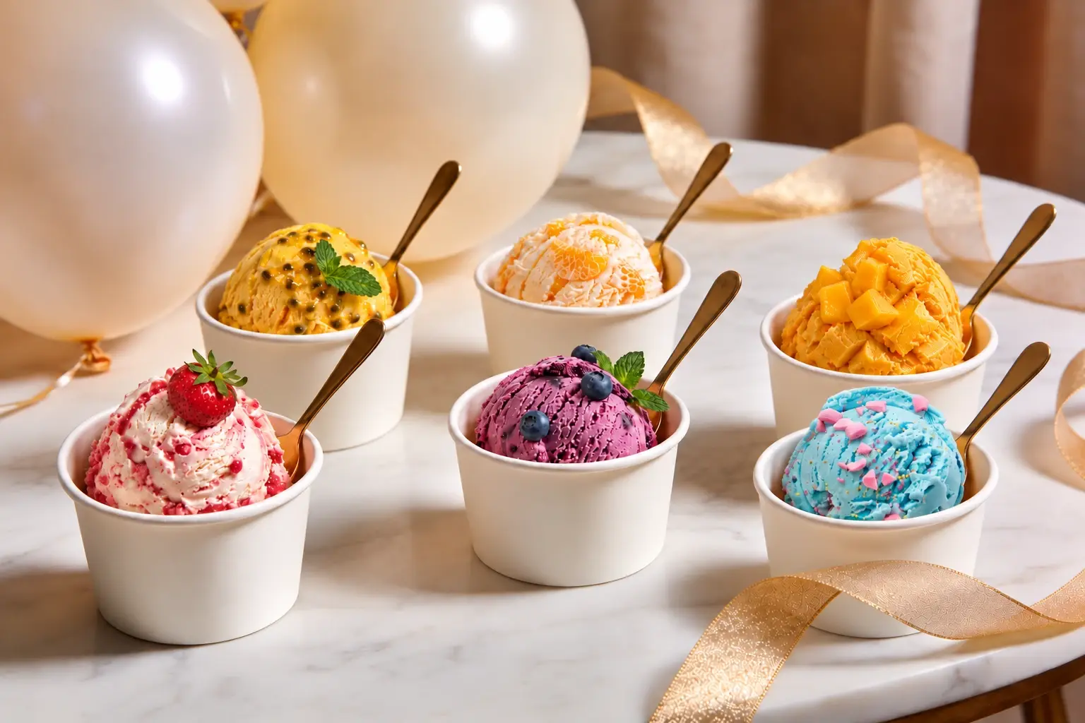 Six cups of ice cream in different colours on a marble table, each with a gold spoon